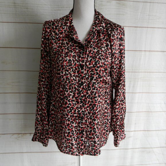 Sanctuary RED/BLACK/CREAM  Leopard Print Blouse Top Long COLLAR BUTTON DOWN SZ S - Picture 1 of 3